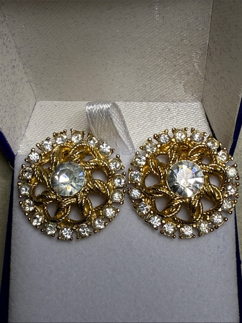Vintage Gold Tone Clear Rhinestone Swirl Clip On Earrings 1”